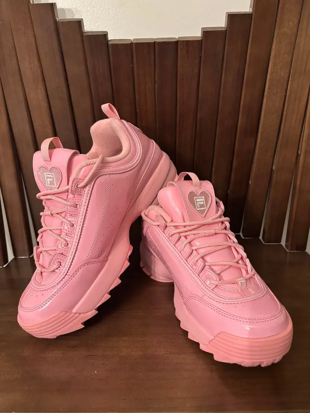 Charming FILA Disruptor 2 Heart Cherry Pink Patent Leather Sneakers